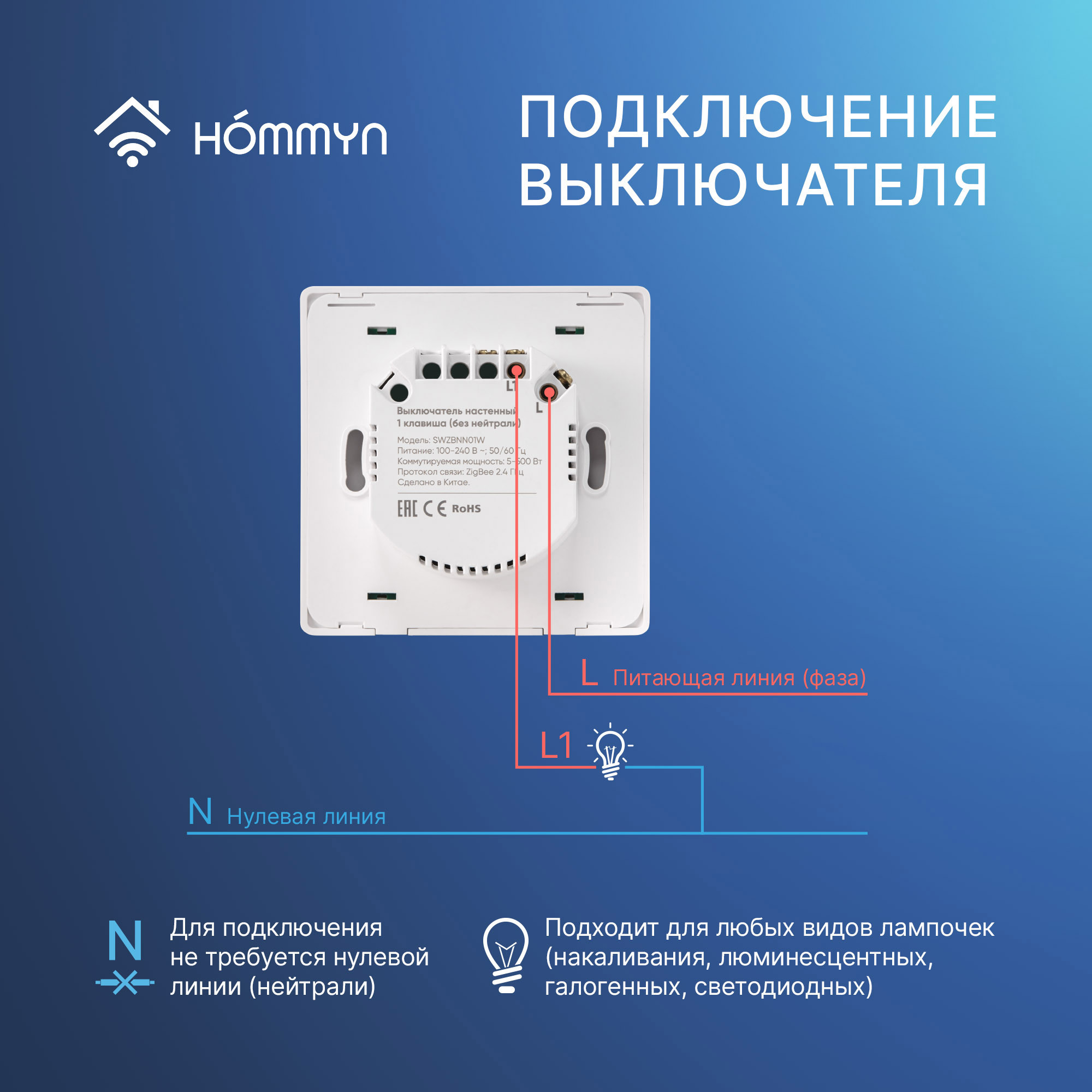 Комплект два умных одноклавишных выключателя HOMMYN 2SWZBNN01W