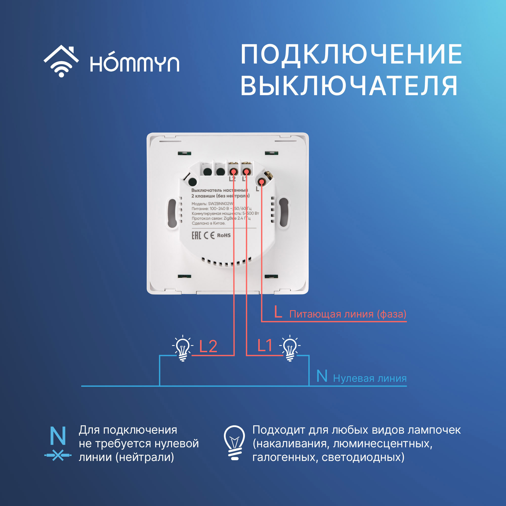 Комплект два умных двухклавишных выключателя HOMMYN 2SWZBNN02W